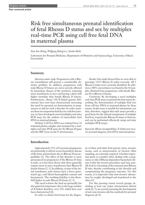PDF Risk Free Simultaneous Prenatal Identification Of Fetal Rhesus D Status And Sex By