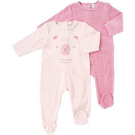 Pyjama bébé velours rose clair 6 mois TEX BABY le lot de 2 pyjamas