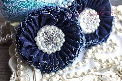 Set Of 2 Denim Beaded Fabric Flowers Denim Fabric Flower Etsy Canada