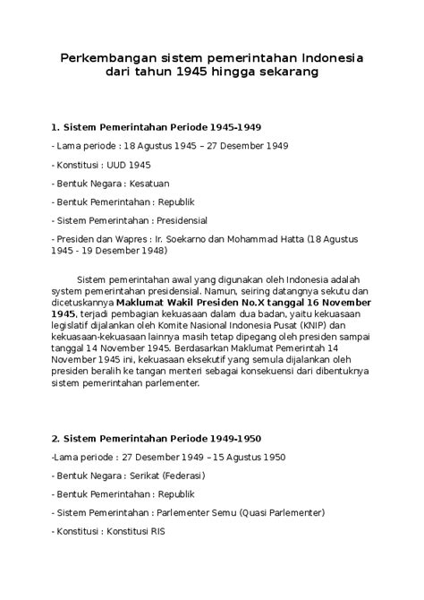 Doc Perkembangan Sistem Pemerintahan Indonesia Dari Tahun 1945 Hingga