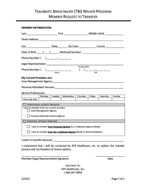 Fillable Online Transfer Request Form Aps Healthcare Fax Email Print