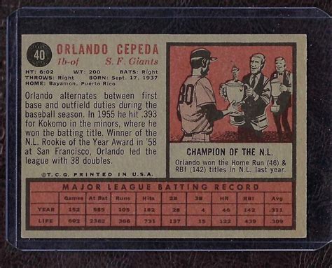 Topps Baseball Card Orlando Cepeda San Francisco Giants Hof