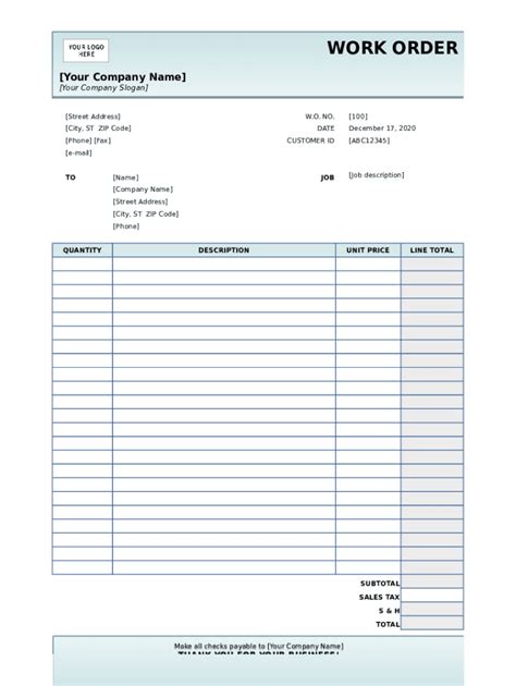 Blank Fillable Work Order Form Printable Forms Free Online