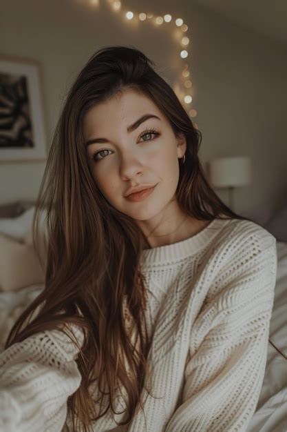 Beautiful Girl Selfie In Cozy Bedroom Premium Ai Generated Image