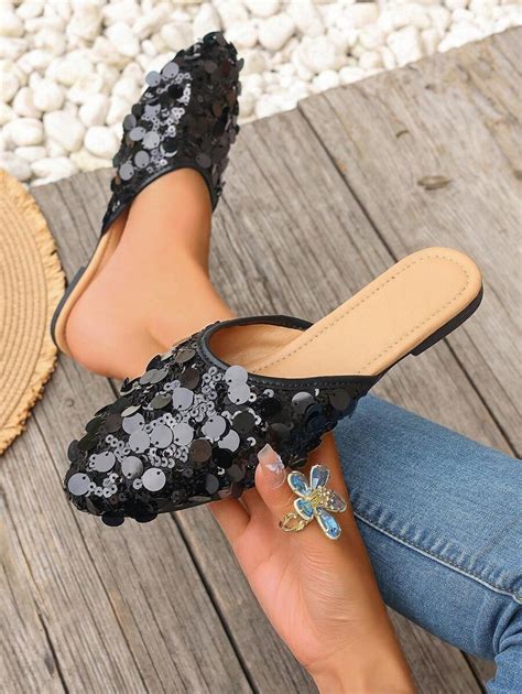 Scarpe Piatte Nere Con Paillettes A Trama Irregolare Per Donne Casual