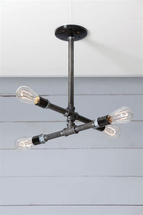 Industrial Black Pipe Chandelier 4 Bare Bulbs Black Iron