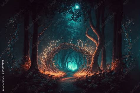 Gloomy fantasy forest scene at night with glowing light, Fantasy forest, Fairy tale. Created ...