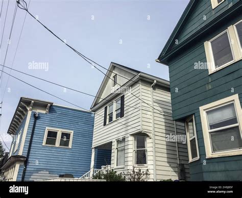 Traditional wooden houses on a surburban street in Portland, Oregon, US ...