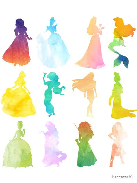 Disney Princesses With Name Colorful Watercolor By Mihaela Pater