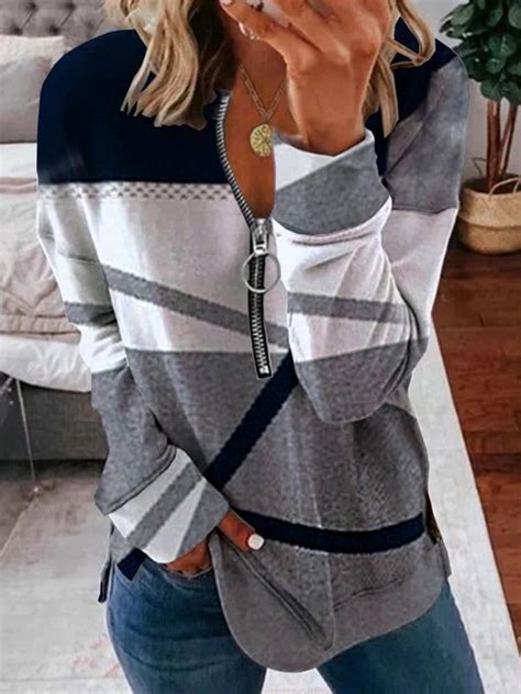 Gray Casual Tops V Neck Long Sleeve Patchwork Printed Sweatshirts Azzlee