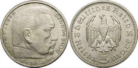 Drittes Reich 5 Reichsmark 1935 A Hindenburg Kursmünze 1935 1936 vz