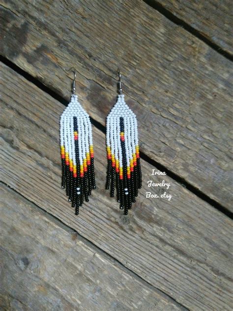 Feather Seed Bead Earringsnative American Style Beaded Etsy