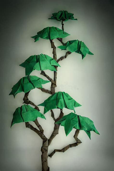 Origami Tree Made of Green Paper on a Gray Background. Paper Art Stock ...