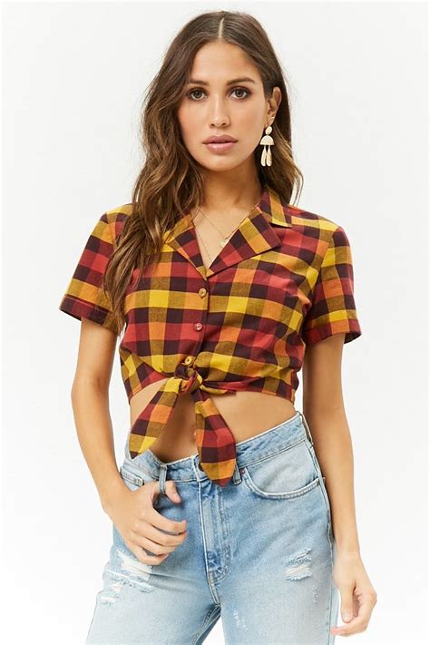 Cropped Plaid Tie Front Shirt Front Tie Shirt Fashion Clothes