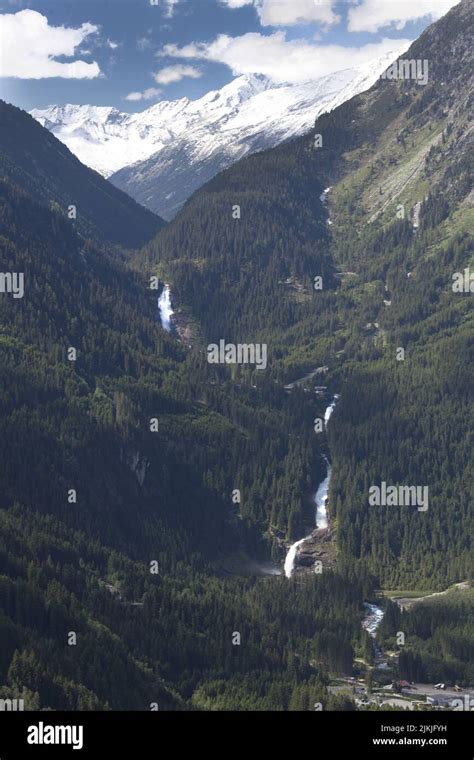 A Vertical Shot Of A River Flowing Down The Mountain Covered With Pine