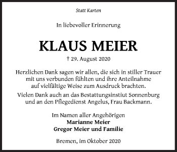 Traueranzeigen Von Klaus Meier Trauer Gedenken