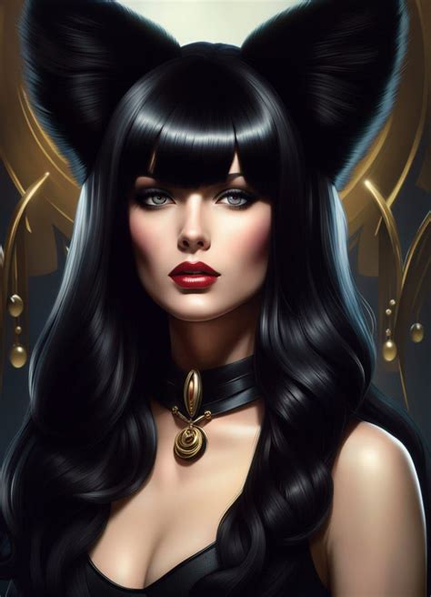 Cyberpunk Stunning Portrait Of Glamorous Neko Girl Wearing Fluffy Black Cat Ears And A Fluffy