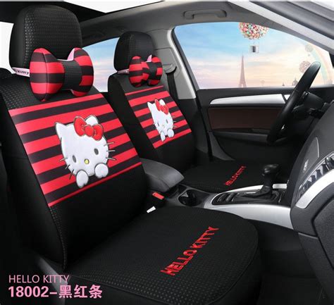 Hello Kitty Cartoon Car Seat Covers Set Universal Car Interior Red Color Strip