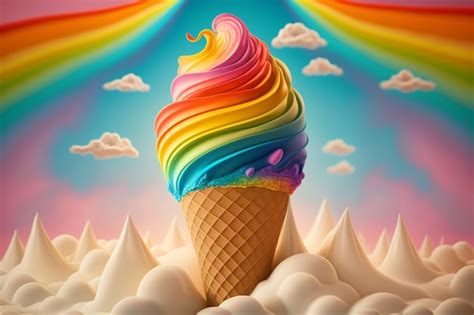 Premium Ai Image A Rainbow Ice Cream Cone With Rainbow On Top Of It