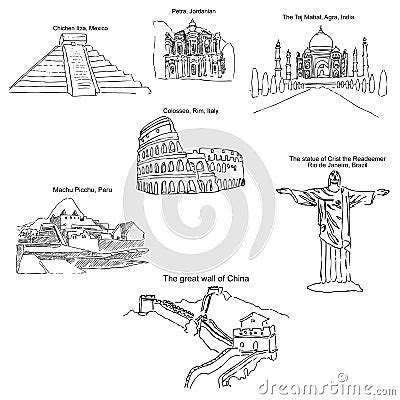 The Modern Seven Wonders Of The World. Sketch Pencil. Drawing By Hand. Vector | CartoonDealer ...