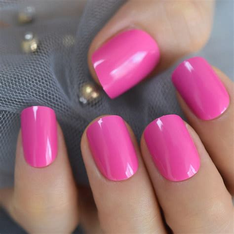 24 Pcs Glossy Bright Pink Short Square Press On Nails Short Etsy