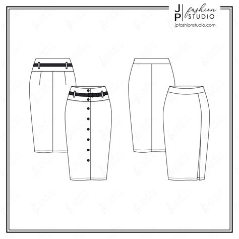 Women Pencil Skirts Sketches (2 styles) / Fashion Flat Sketches / Skir ...