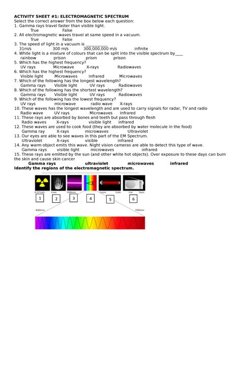 Worksheet In Em Spectrum Activity Sheet 1 Electromagnetic Spectrum