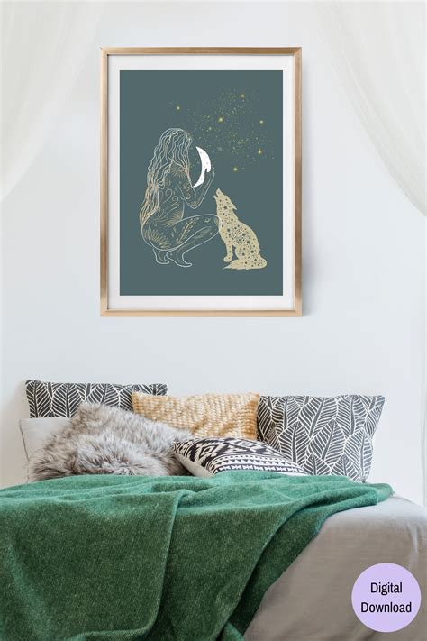 Moon Goddess Art Print Celestial Moon Woman Wall Art Wolf Spirit Animal ...