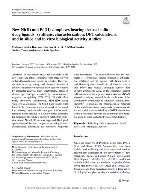 New Niii And Pdii Complexes Bearing Derived Sulfa Drug Ligands