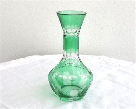 Vintage Green Glass Bud Vase Etched Glass Bulbous By Cardcurios