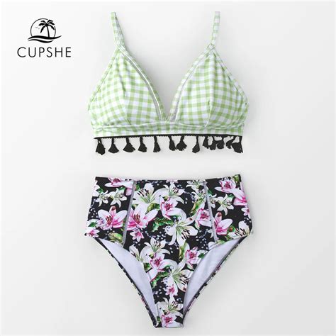 CUPSHE Sexy Green Gingham And Lily Print Tasseled Bikini Sets 2019