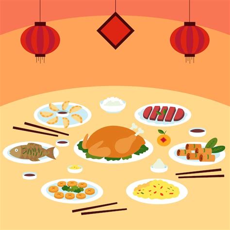 Coleção de comida para jantar de reunião de ano novo chinês desenhada à