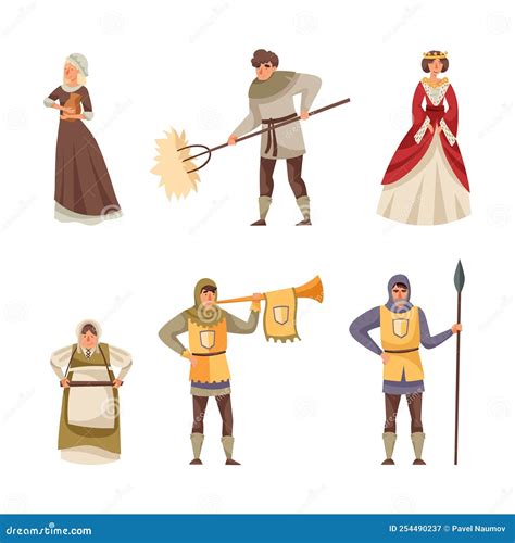 Medieval People Set Peasant Woman Guard Troubadour Laundress