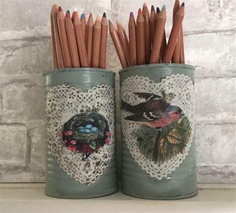 Upcycled Painted Tin Can Set Of Decoupage Tin Cans Tin Can Etsy