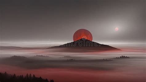 Crimson Secrets Mysterious Landscape Beneath The Blood Moon And Fog