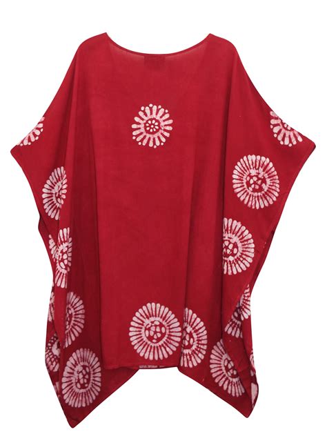 Eaonplus Dark Red Embroidered V Neck Batik Print Kaftan Tunic Top