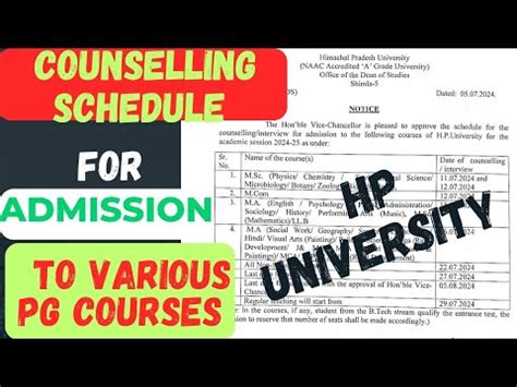 HPU Counselling Schedule For Admission To Various PG Courses L