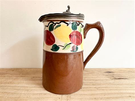 Antique Brown Stoneware Jug Pitcher With Hand Painted Design Pewter