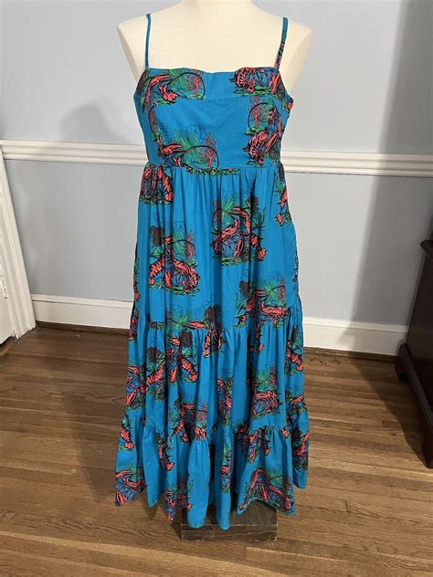 J Crew Tiered Maxi Dress Smocked Lobster Print Pockets Blue Red Size 4