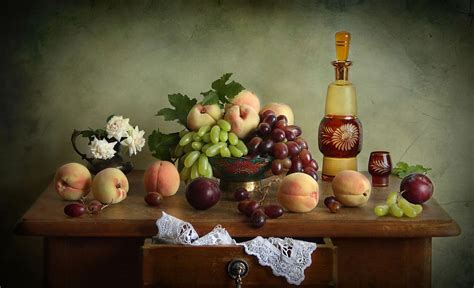 Wallpaper Still Life Food Fruit Berries Grapes Peaches 2048x1246