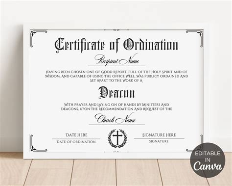 Deacon Ordination Certificate Template Printable Certificate Of Ordination Editable Ministry