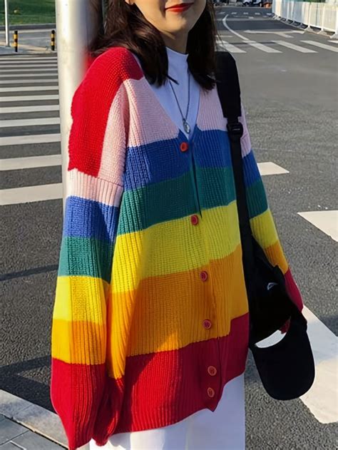 Temu｜y2k Rainbow Striped Button Up Cardigan Long Sleeve Sweater For