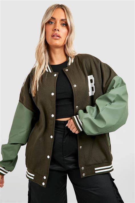 Plus Varsity Pu Sleeve Bomber Jacket Boohoo Uk