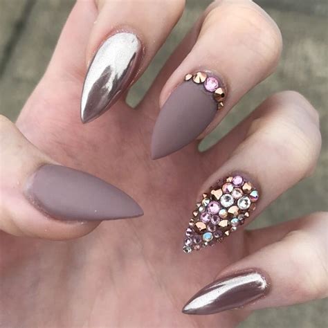 Nude Chrome Diamante Stiletto Nails Metallic Nails Design Metallic