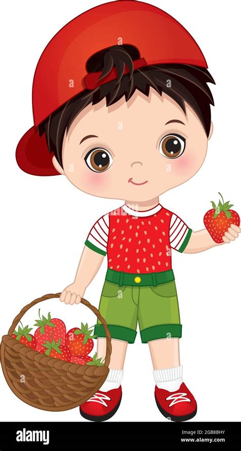 Lindo Niño Con Cesta De Fresas Vector Boy Con Fresas Imagen Vector De