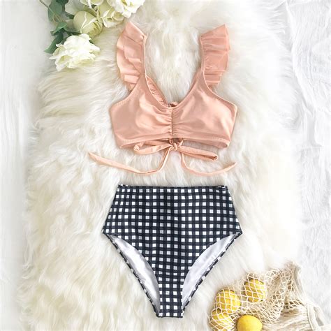 Pink Ruffled Bikini With High Waist Gingham Bottom Ruffled Bikini