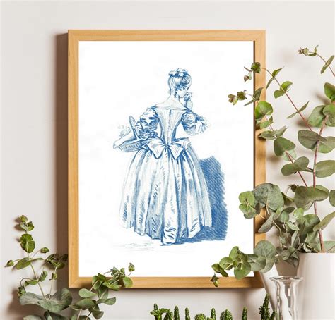 Woman With Flowers Blue Wall Art Mailed Art Vintage Sketch Print French Etching European