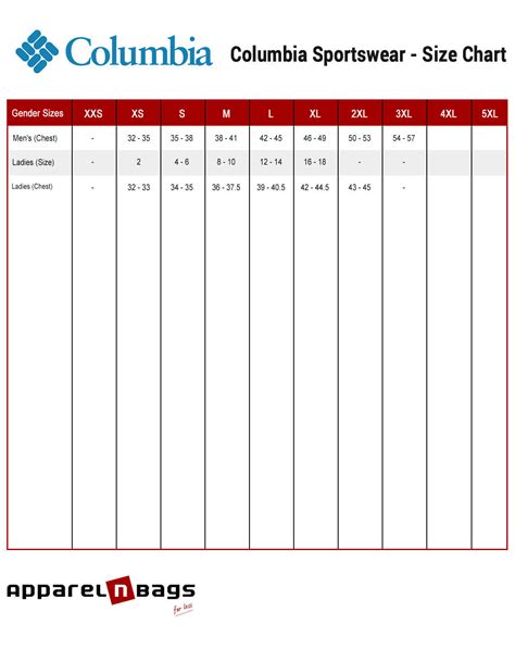 Columbia Size Chart