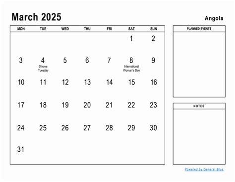 March Planner With Angola Holidays