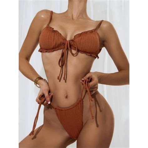 SHEIN Swim New Lettuce Trim Rust Brown Thong Bikini Swimsuit Beach